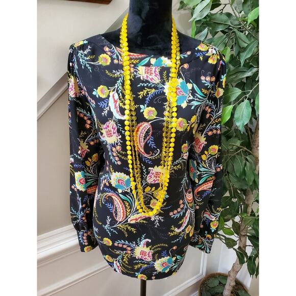 Loft Women's Black Floral 100% Polyester Round Neck Long Sleeve Blouse Size M - Picture 2 of 10